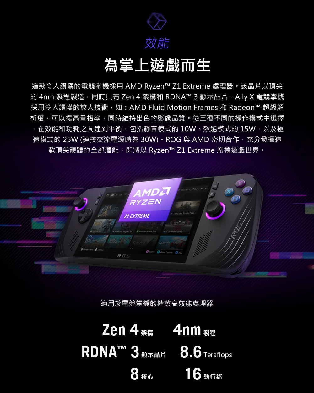的 4nm 製程製造,同時具有 Zen 4 架構和 RDNAT 3 顯示晶片。Ally X 電競掌機