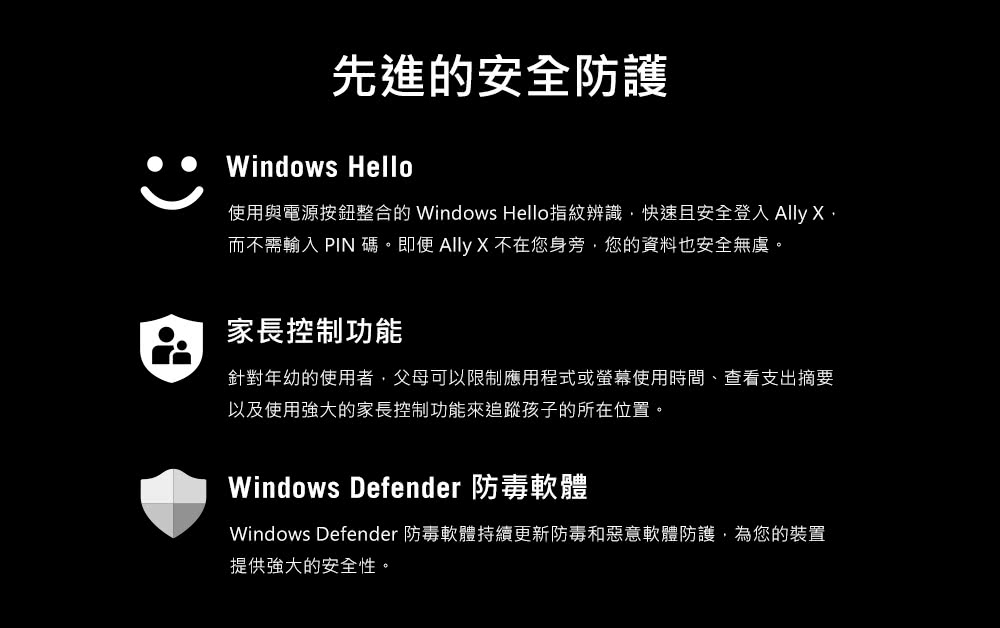 使用與電源按鈕整合的 Windows Hello指紋辨識,快速且安全登入 Ally X,