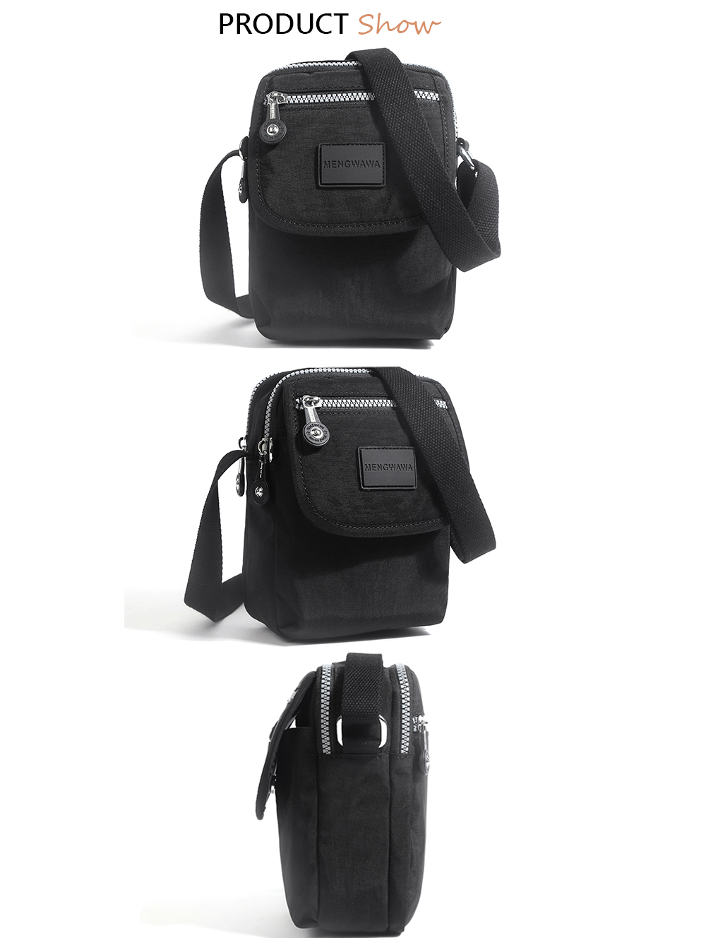 ARION 輕量防潑水素色多隔層肩背/斜背小包 手機包(黑色