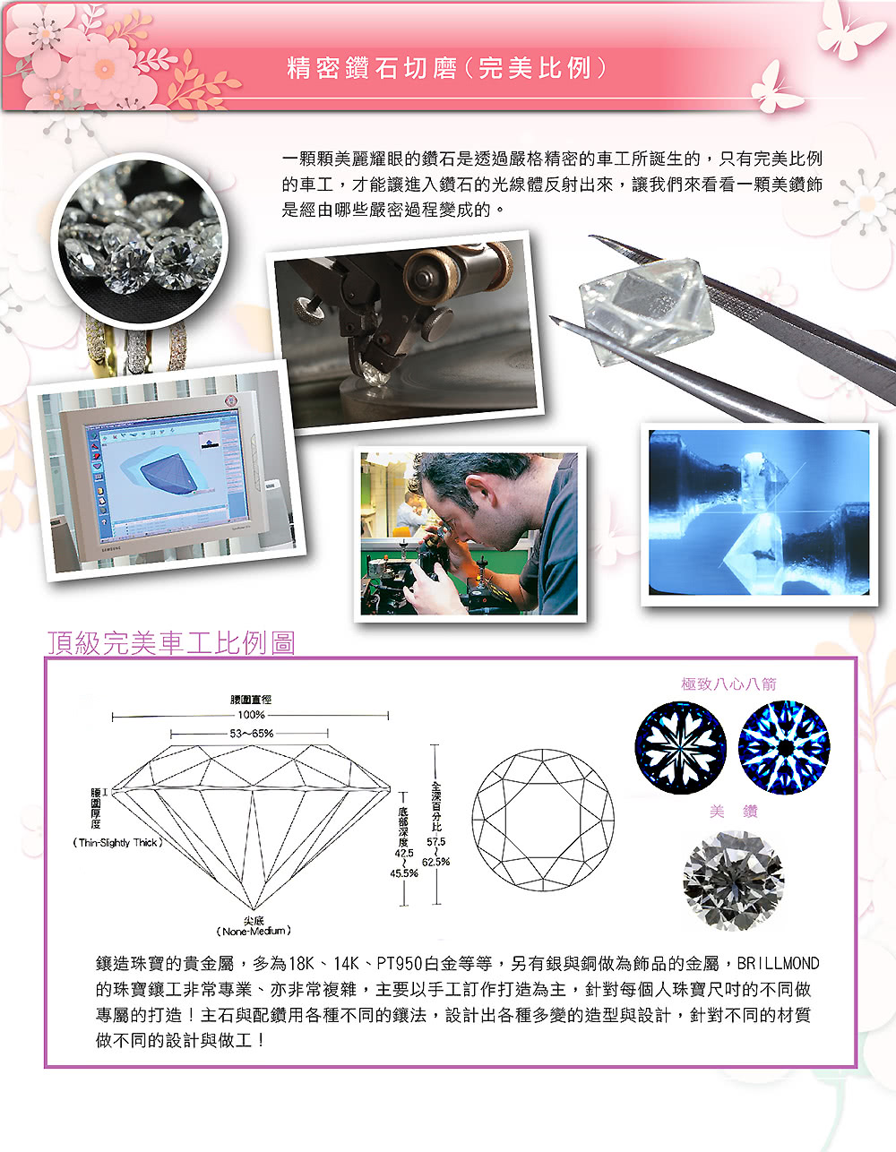 鑲造珠寶的貴金屬,多為18K、14K、PT950白金等等,另有銀與銅做為飾品的金屬,BRILLMOND