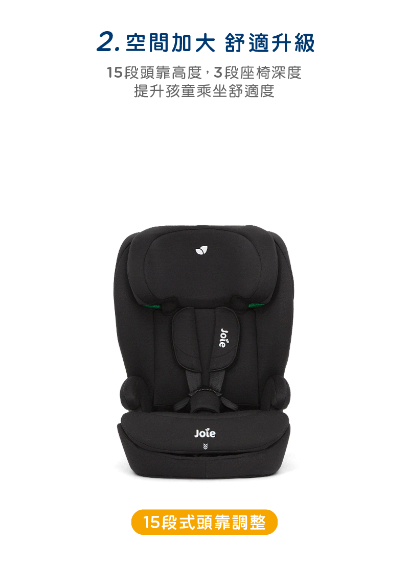 2.空間加大 舒適升級 15段頭靠高度,3段座椅深度 提升孩童乘坐舒適度 15段式頭靠調整 