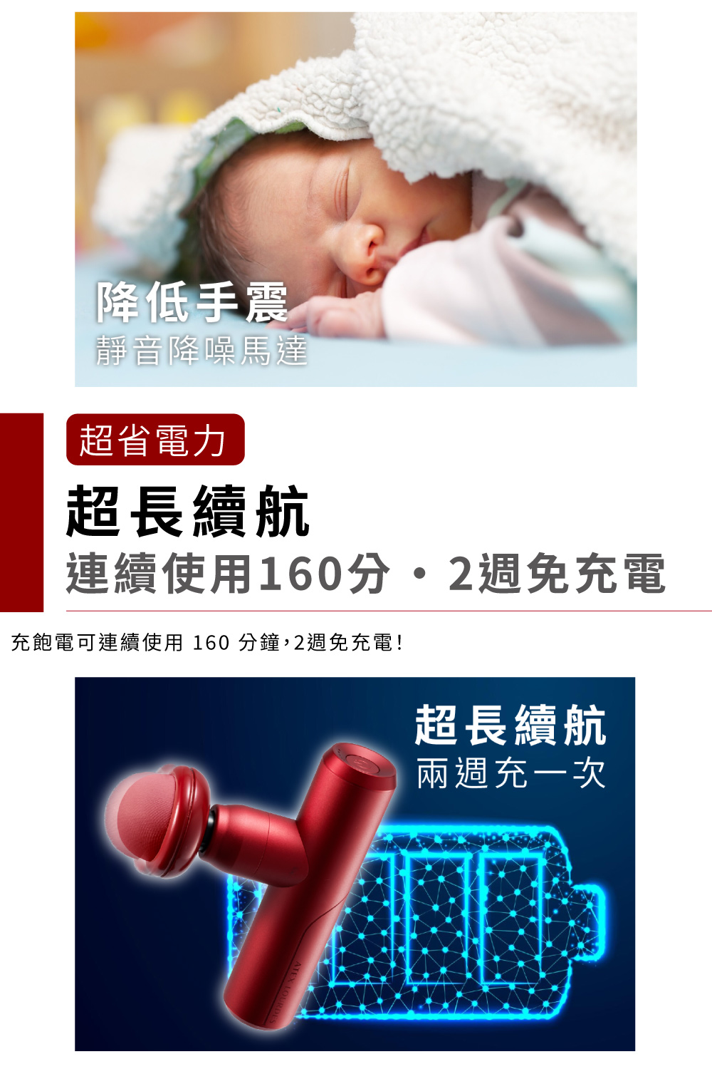 充飽電可連續使用160分鐘,2週免充電