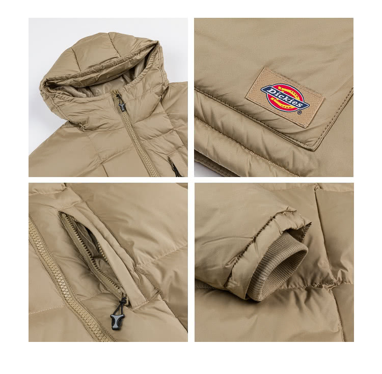 Dickies 男款沙色多口袋設計防風連帽休閒羽絨外套｜DK