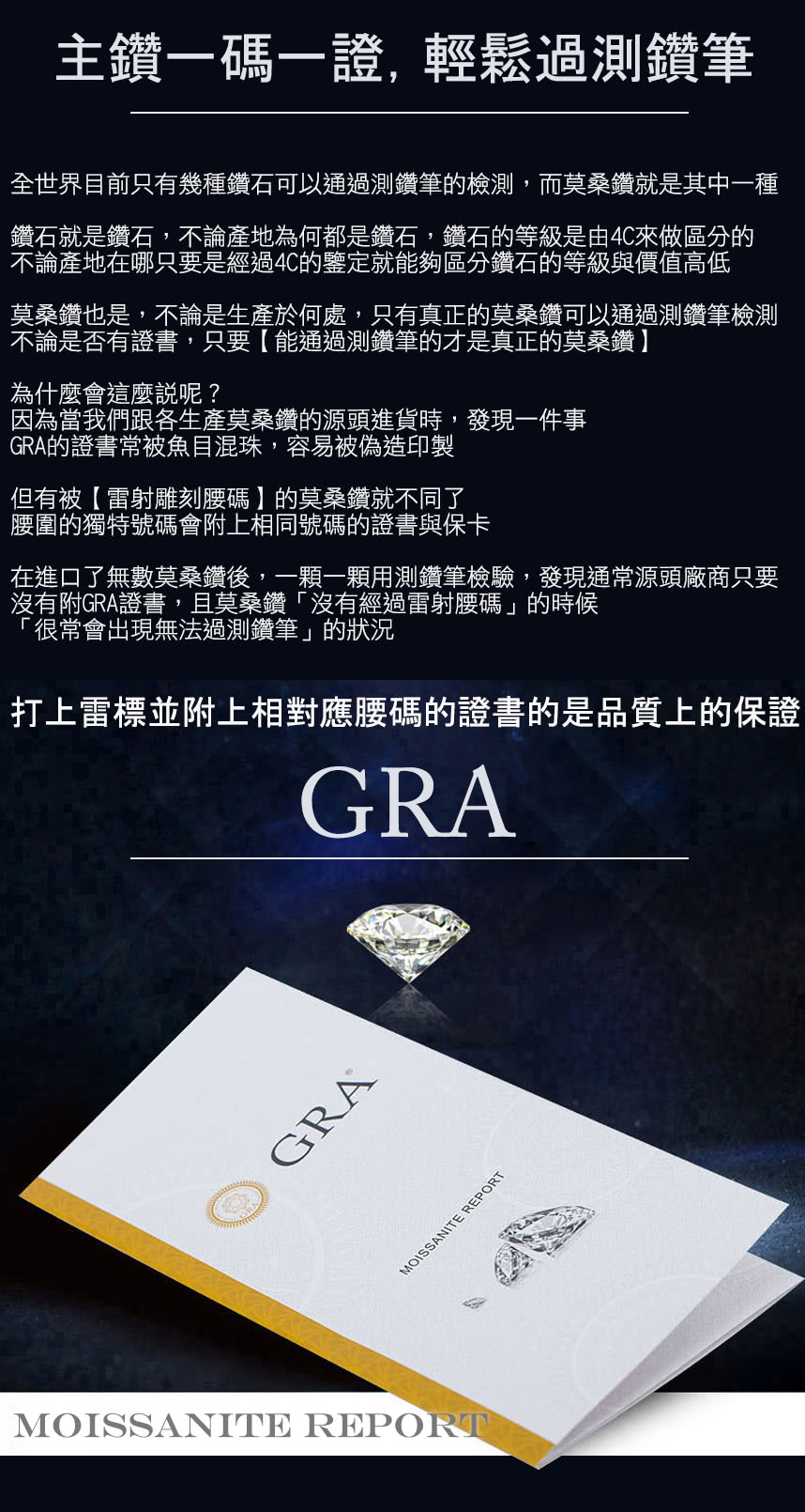 全世界目前只有幾種鑽石可以通過測鑽筆的檢測,而莫桑鑽就是其中一種