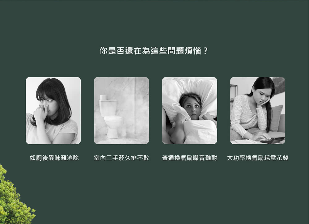 如廁後異味難消除 你是否還在為這些問題煩惱 室内二手菸久排不散 普通換氣扇噪音難耐 大功率換氣扇耗電花錢 
