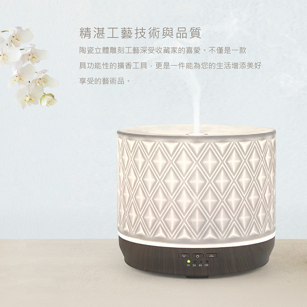 精湛工藝技術與品質 陶瓷立體雕刻工藝深受收藏家的喜愛。不僅是一款 具功能性的擴香工具,更是一件能為您的生活增添美好 享受的藝術品。 