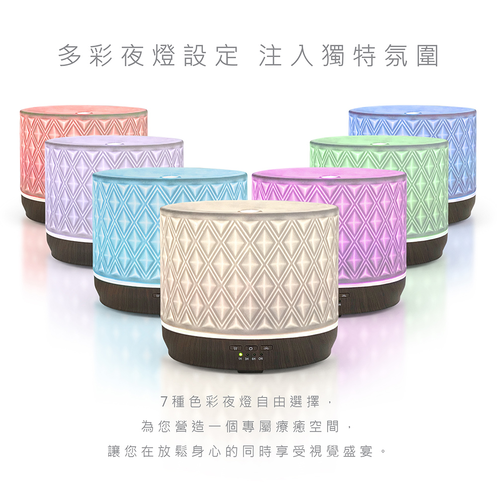 多彩夜燈設定 注入獨特氛圍 7種色彩夜燈自由選擇, 為您營造一個專屬療癒空間, 讓您在放鬆身心的同時享受視覺盛宴。 