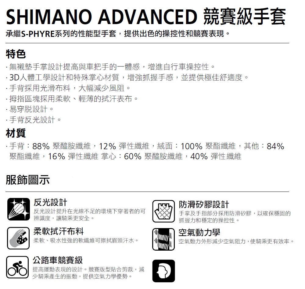 SHIMANO ADVANCED RACE 男款半指手套 黑