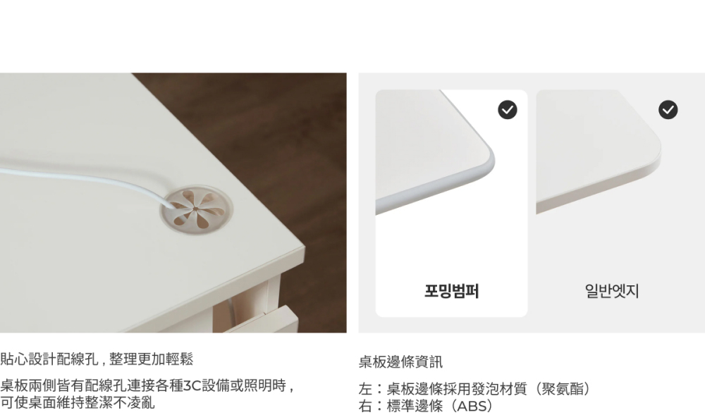 桌板兩側皆有配線孔連接各種3C設備或照明時,
