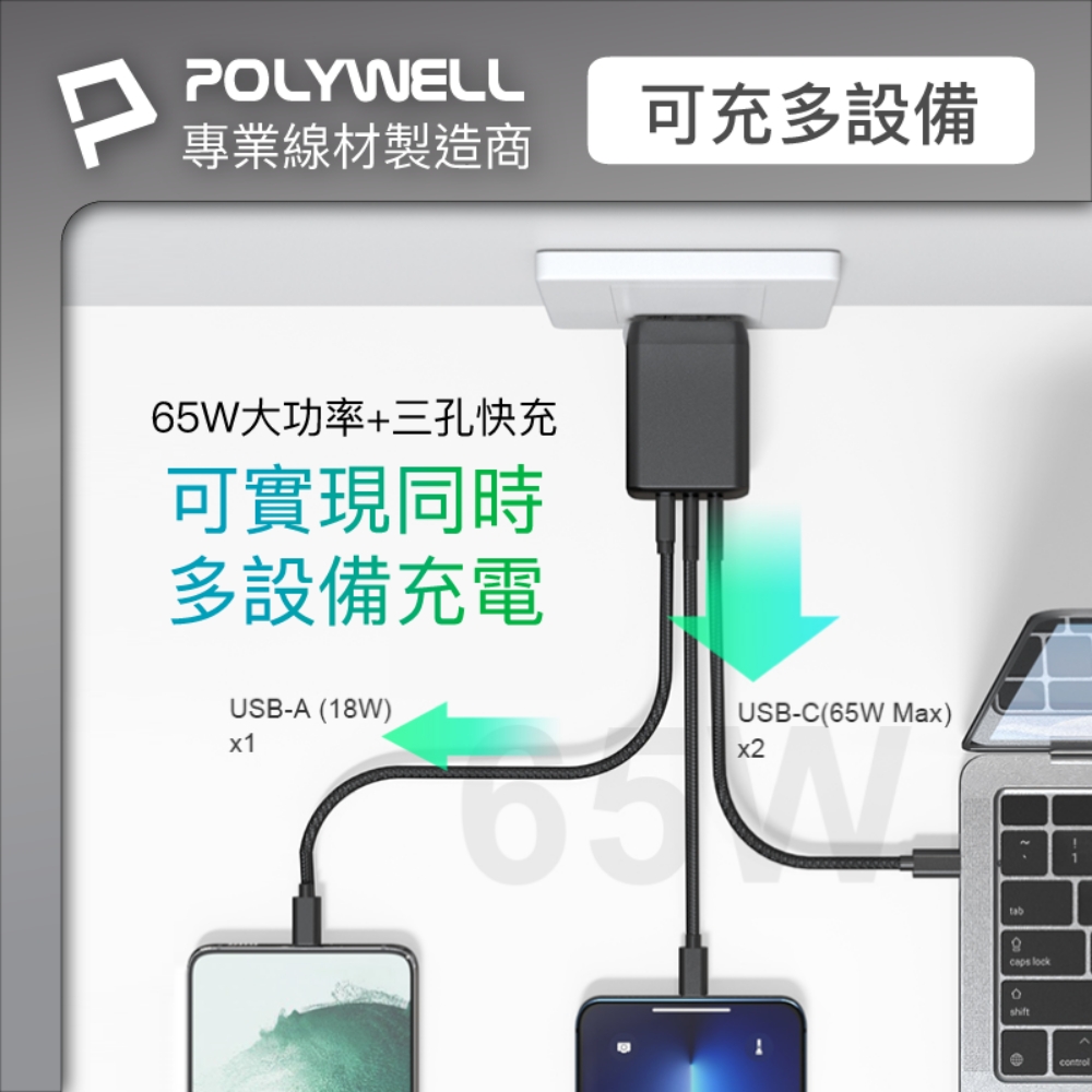 專業線材製造商 65W大功率三孔快充 可實現同時 多設備充電 可充多設備 
