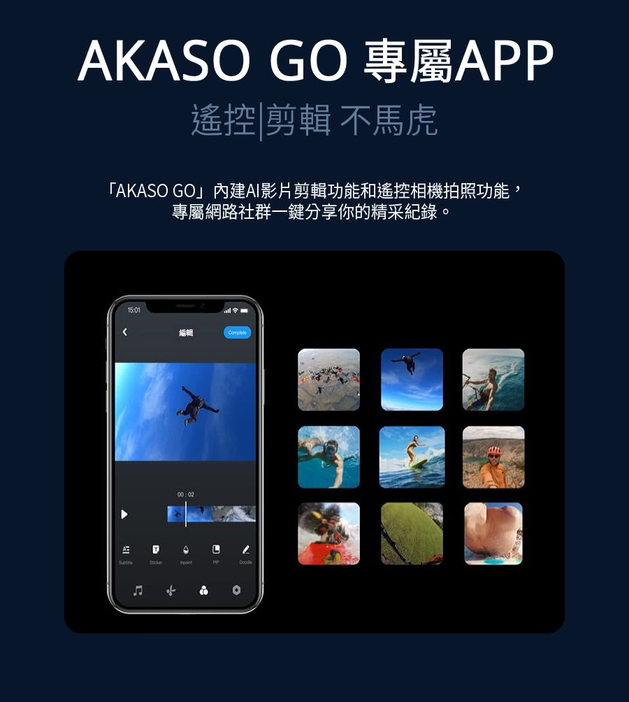 AKASO GO 專屬APP 遙控 剪輯 不馬虎 AKASO GO內建AI影片剪輯功能和遙控相機拍照功能, 專屬網路社群一鍵分享你的精采紀錄。 編輯 