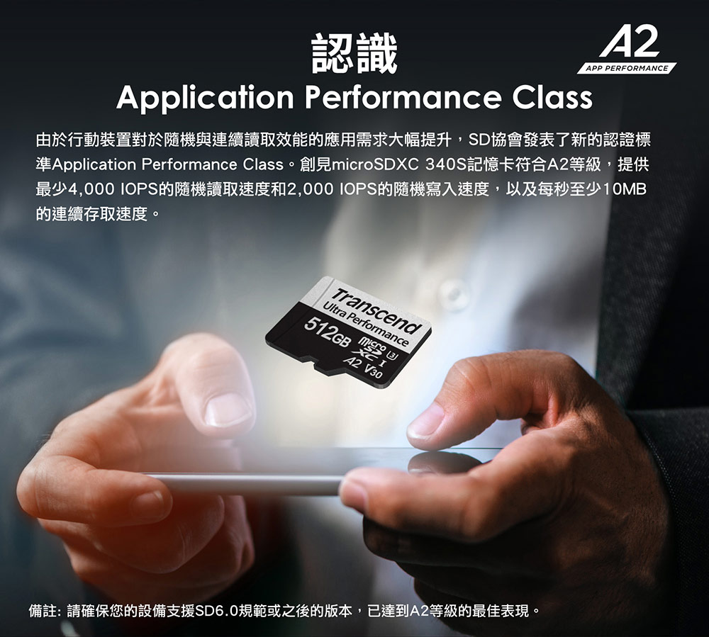 準Application Performance Class。創見microSDXC 340S記憶卡符合A2等級,提供