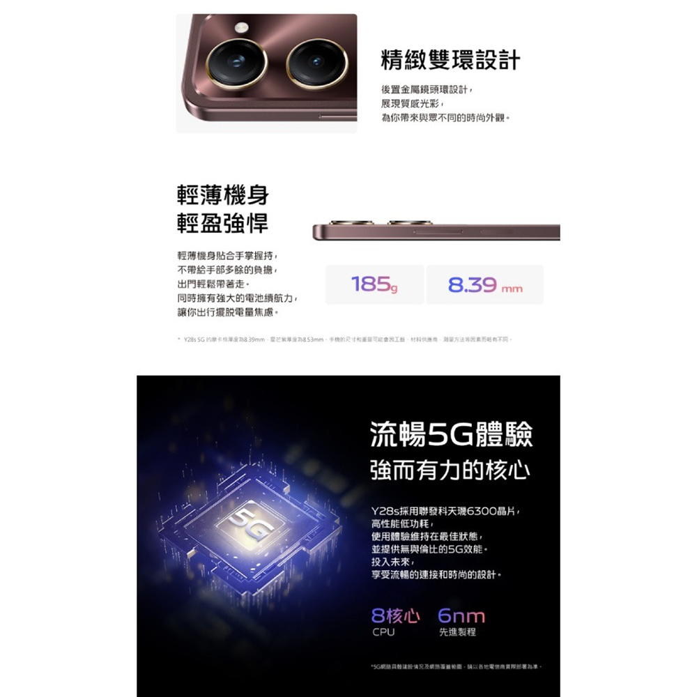 Y28s 5G 的摩卡棉厚度為8.39mm芒紫厚度為8.53mm,手機的尺寸和重量可能會因工藝、材料供應商、测量方法等因素而略有不同。