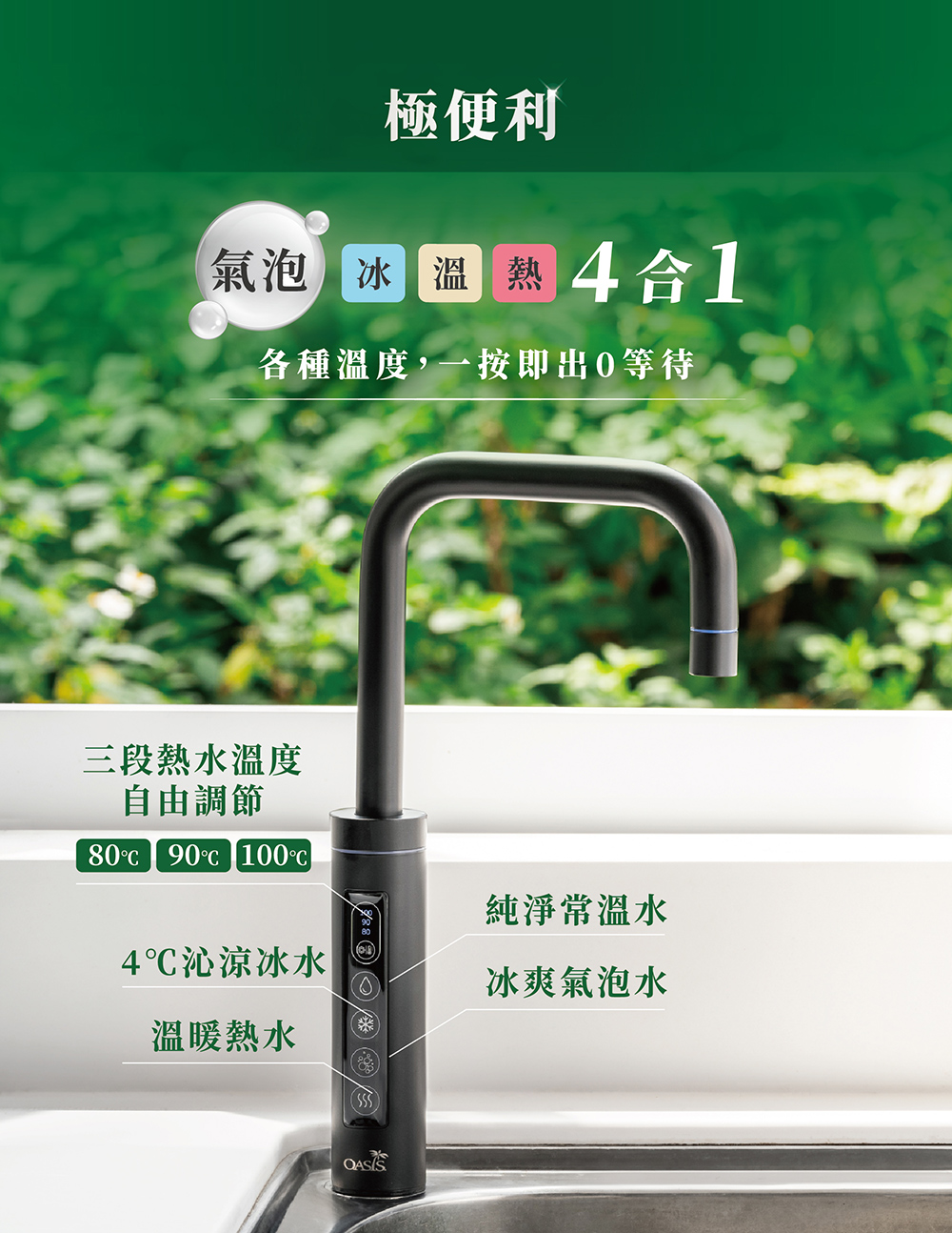 極便利氣泡 冰溫熱合1各種溫度,一按即出等待三段熱水溫度自由調節80 90 100°純淨常溫水4沁涼冰水冰爽氣泡水溫暖熱水