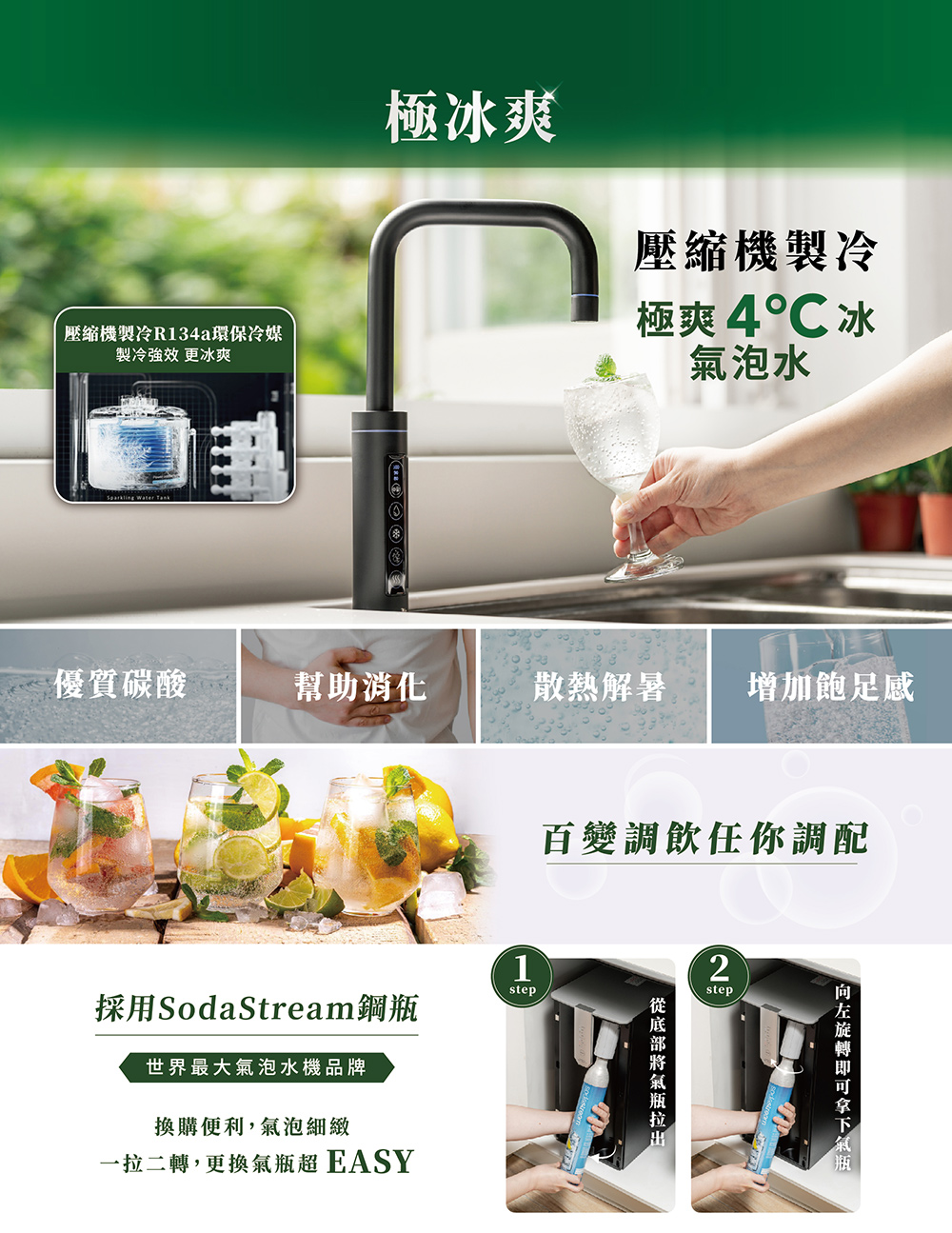 壓縮機製冷R134a環保冷媒製冷效 更冰爽極冰爽壓縮機製冷極爽4℃冰氣泡水優質碳酸幫助消化散熱解暑增加飽足感百變調飲任你調配1step採用SodaStream鋼瓶世界最大氣泡水機品牌換購便利,氣泡細緻一二轉,更換超EASYstep氣瓶拉