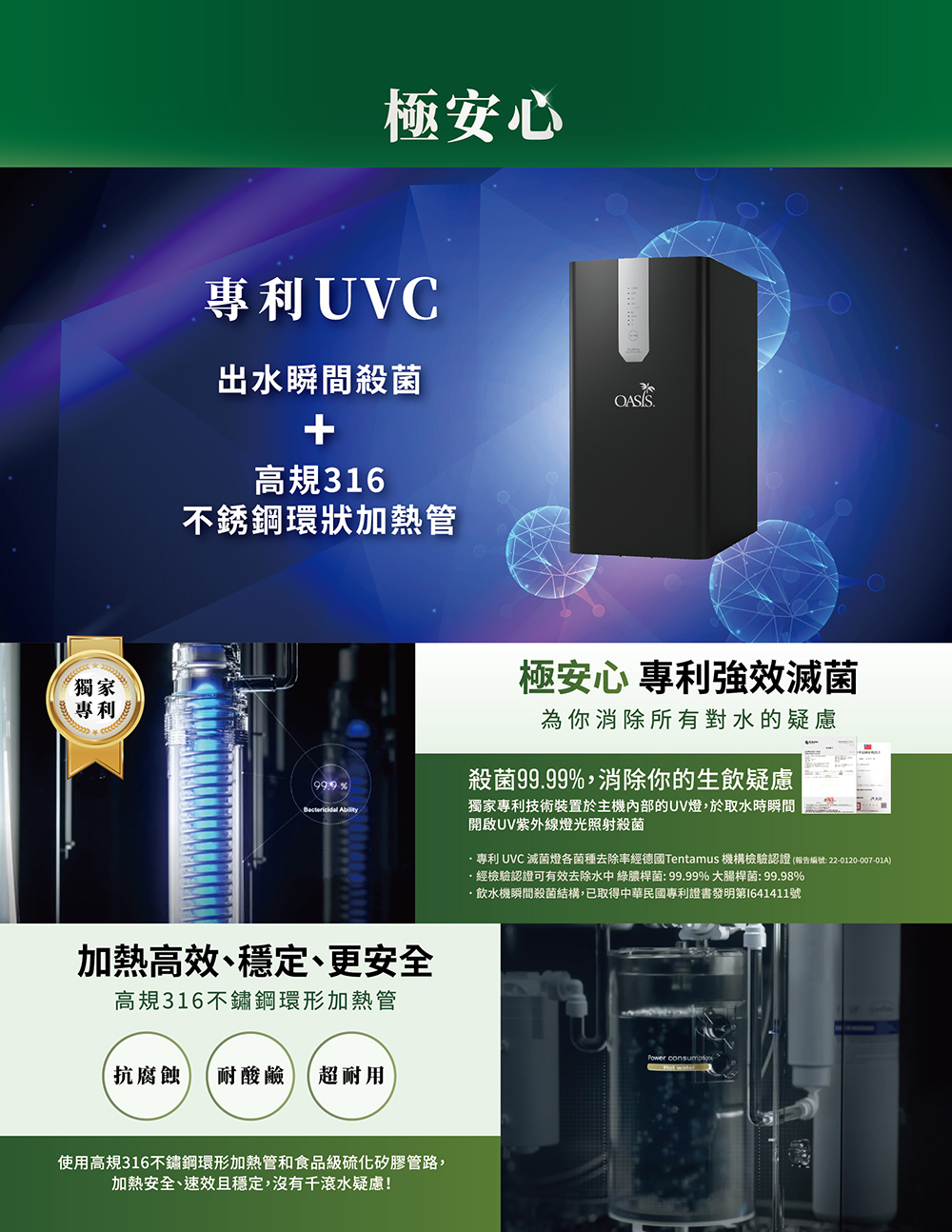 家獨專利極安心專利UVC出水瞬間殺菌OASIS高規316不銹鋼環狀加熱管%Bactericidal 加熱高效、穩定、更安全高規316不鏽鋼環形加熱管抗腐蝕 耐酸鹼 超耐用使用高規316不鏽鋼環形加熱管和食品級硫化矽膠管路,加熱安全、速效且穩定,沒有千疑慮!極安心 專利強效滅菌為你消除所有對水的疑慮殺菌9999%,消除你的生飲疑慮獨家專利技術裝置於主機內部的UV燈,於取水時瞬間開啟UV紫外線燈光照射殺菌專利 UVC 滅菌燈菌種去除率經德國Tentamus 機構檢驗認證 (報告編號: 22-0120-007-01A).經檢驗認證可有效去除水中 綠膿桿菌:99.99% 大腸桿菌: 99.98%飲水機瞬間殺菌結構,已取得中華民國專利證書發明第I641411號Power