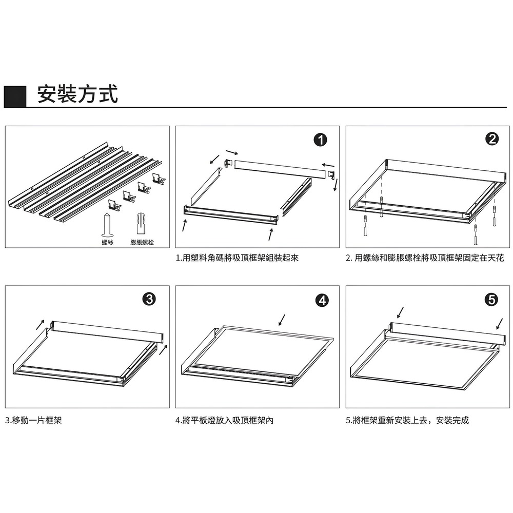 2. 用螺絲和膨脹螺栓將吸頂框架固定在天花