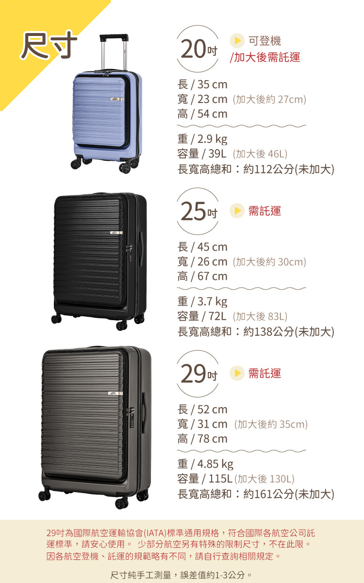 29吋為國際航空運輸協會IATA標準通用規格,符合國際各航空公司託