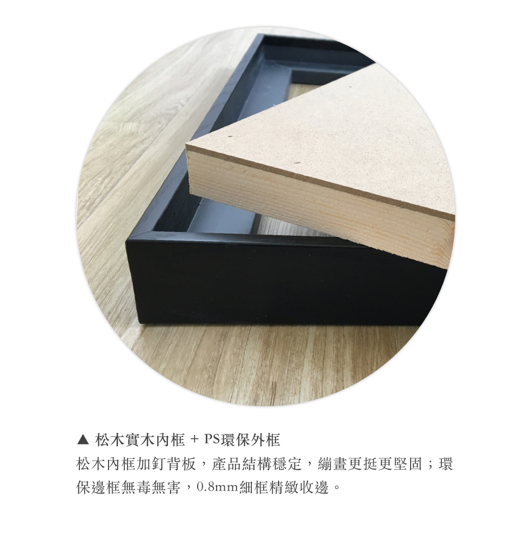 松木實木內框 PS環保外框 松木內框加釘背板,產品結構穩定,繃畫更挺更堅固環 保邊框無毒無害,0.8mm細框精緻收邊。