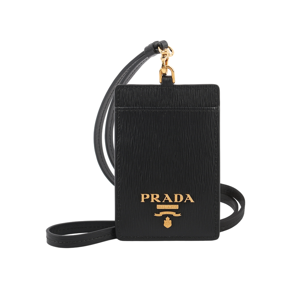 PRADA 普拉達 金色浮雕Logo 水波紋皮革掛式證件套/