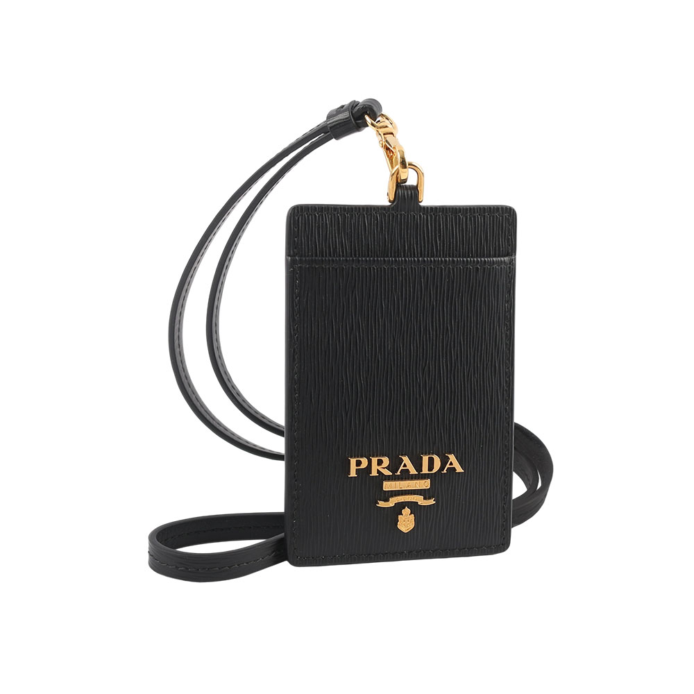 PRADA 普拉達 金色浮雕Logo 水波紋皮革掛式證件套/