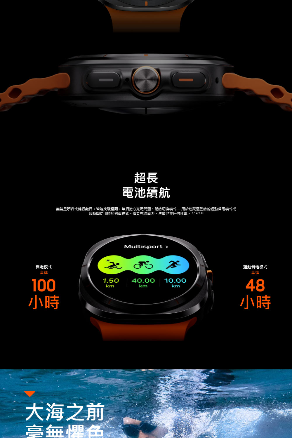 無論是攀岩或健行數日,皆能突破極限,無須擔心充電問題。隨時切換模式用於追蹤運動時的運動省電模式或