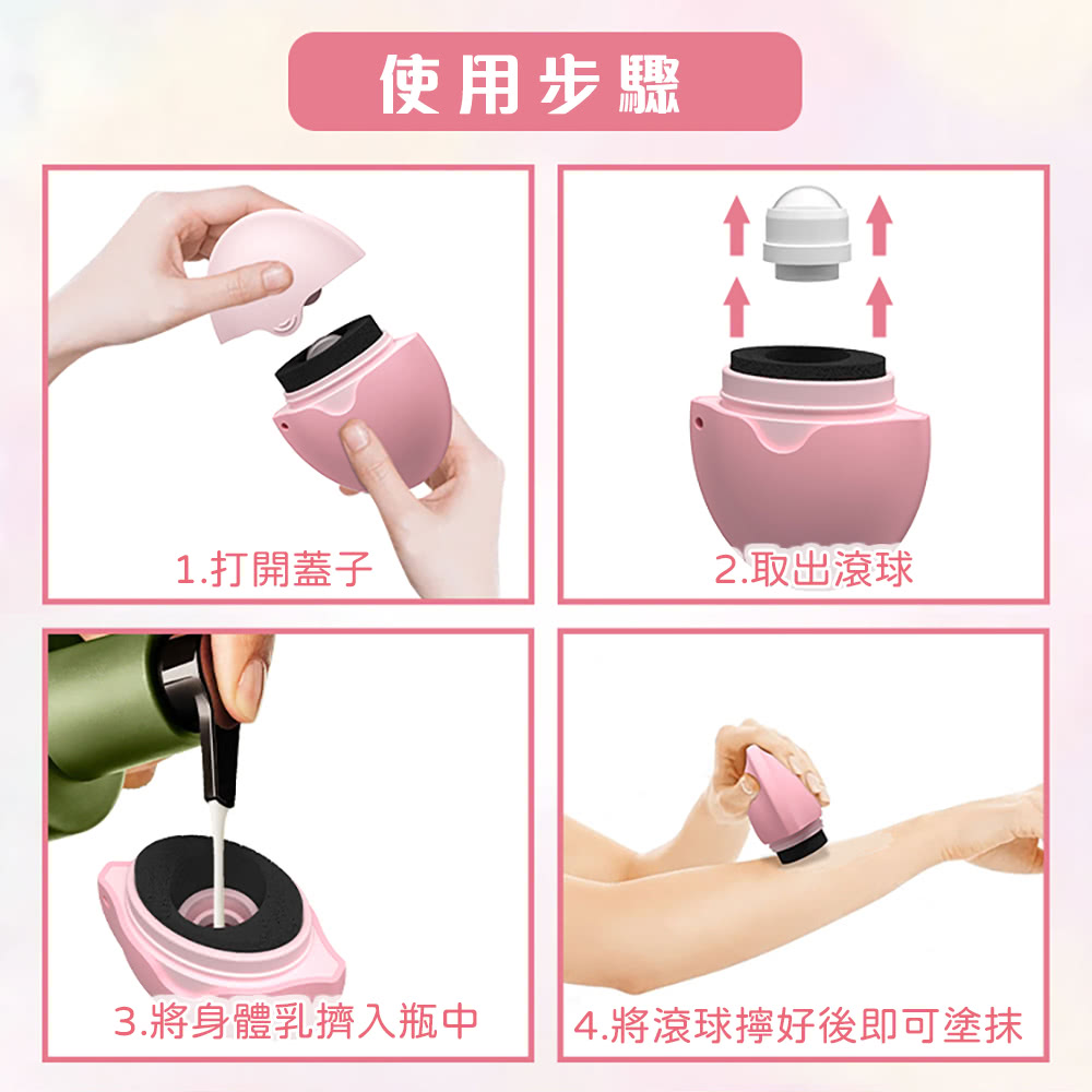 使用步驟 1.打開蓋子 2.取出滾球 3.將身體乳擠入瓶中 4.將滾球擰好後即可塗抹 