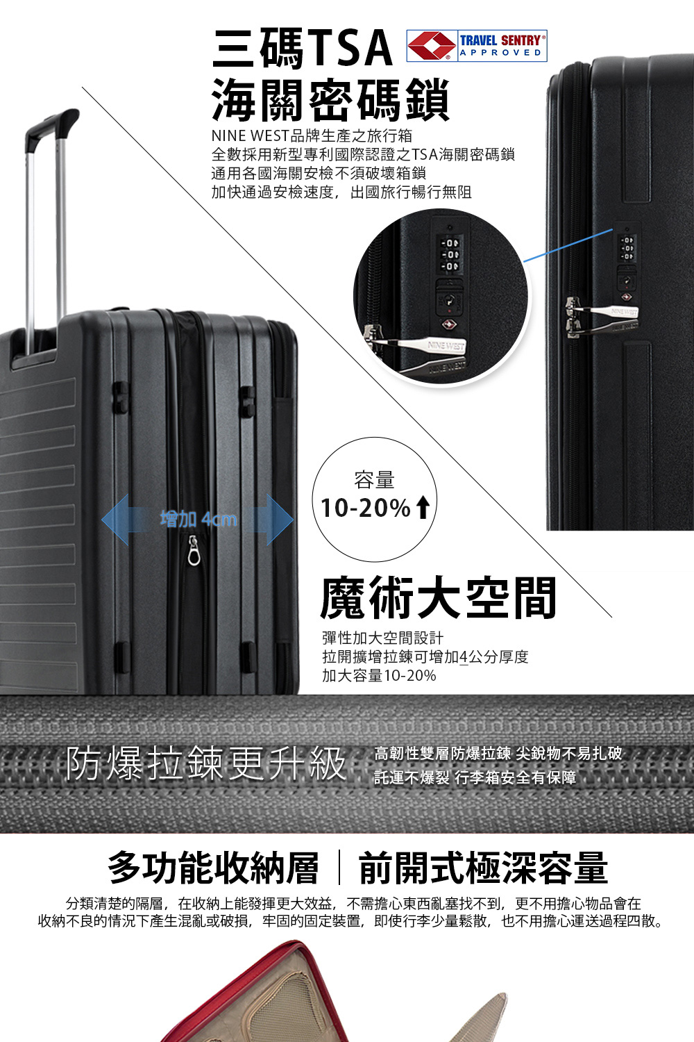 收納不良的情況下產生混亂或破損,牢固的固定裝置,即使行李少量鬆散,也不用擔心運送過程四散。