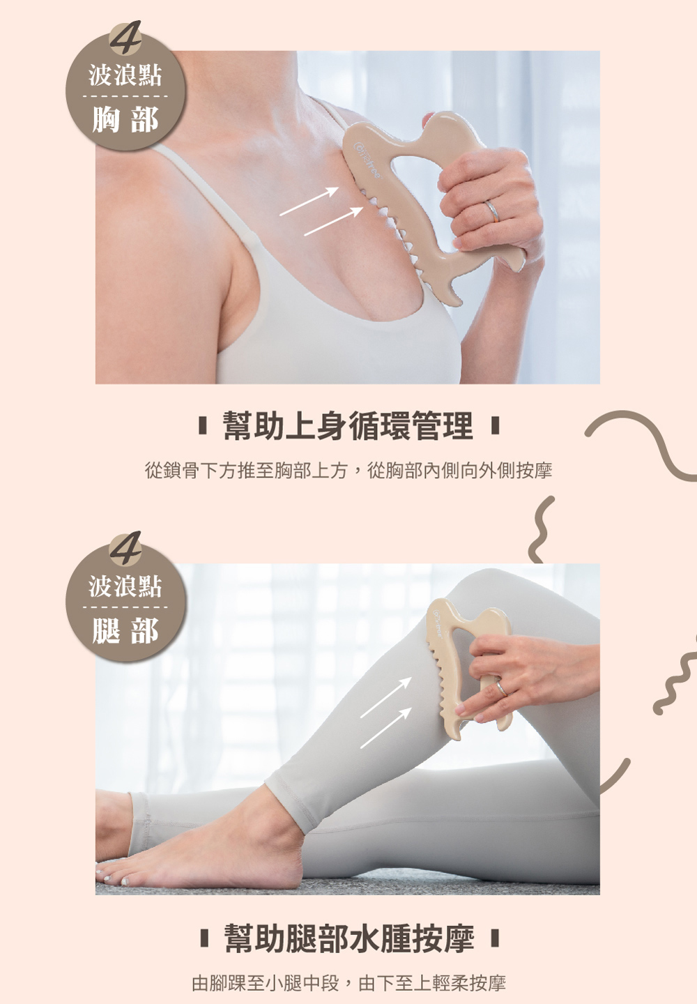 從鎖骨下方推至胸部上方,從胸部內側向外側按摩
