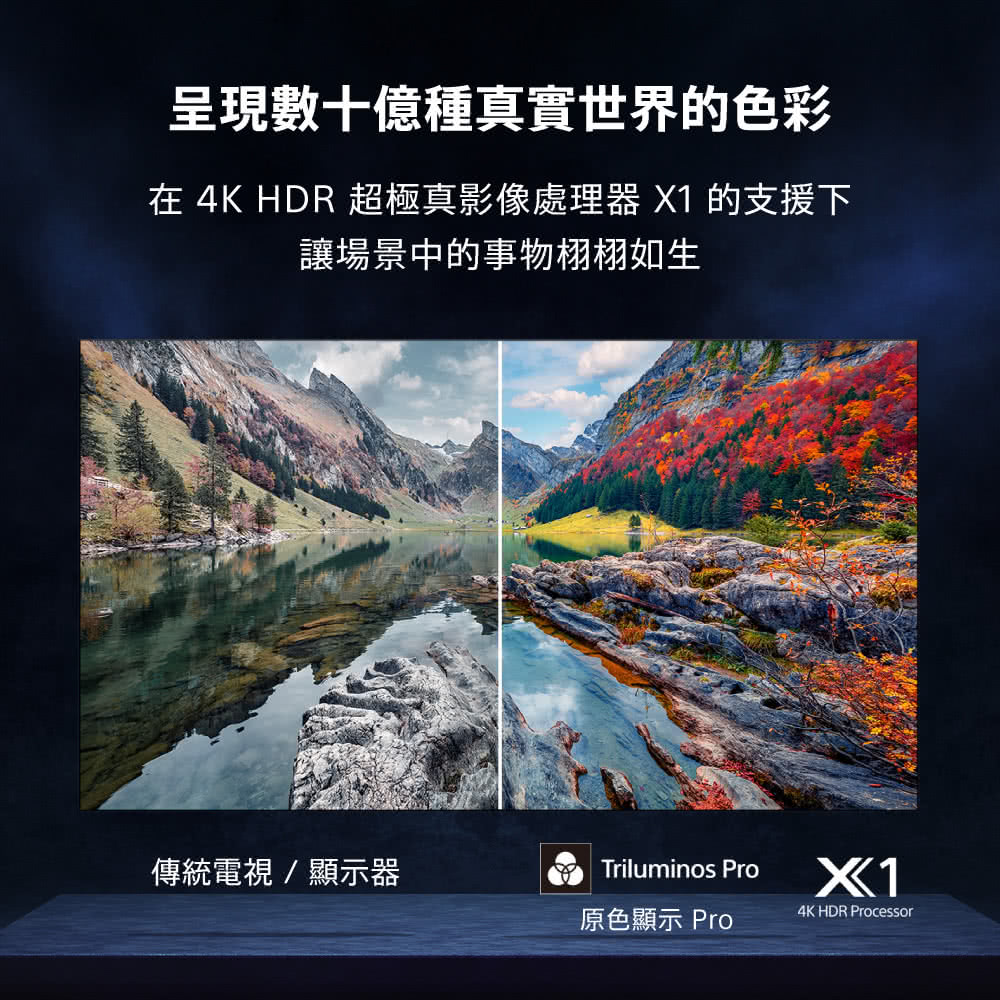 呈現數十億種真實世界的色彩 在 4K HDR 超極真影像處理器X1 的支援下 讓場景中的事物栩栩如生 傳統電視顯示器 原色顯示 Pro 