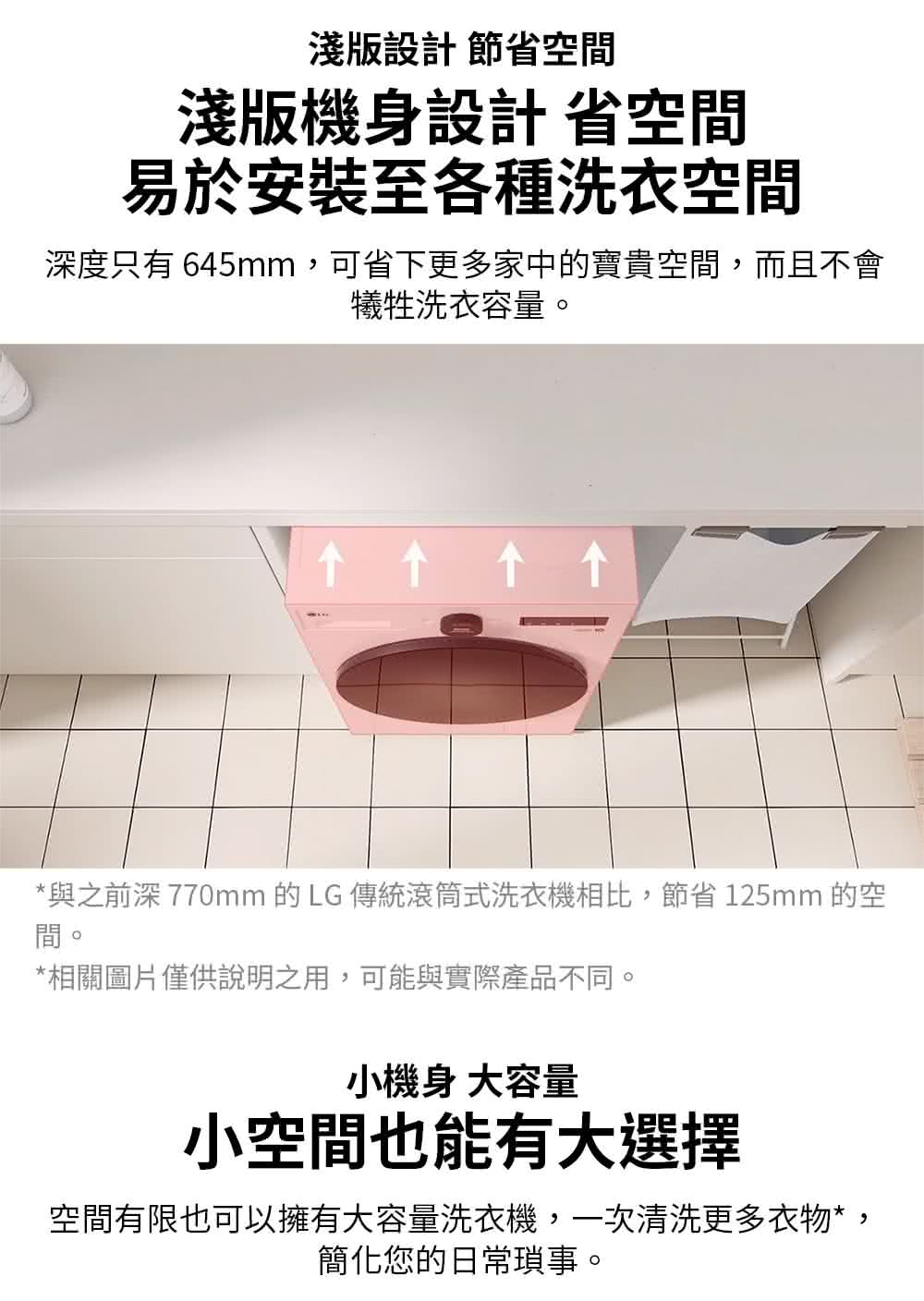 與之前深 770mm 的 LG 傳統滾筒式洗衣機相比,節省 125mm 的空