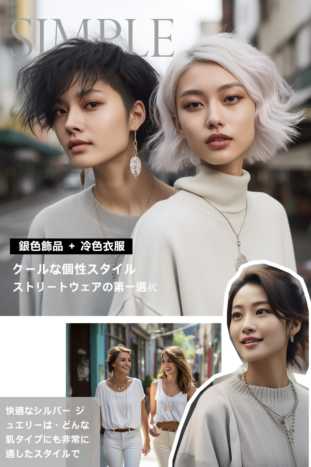 銀色飾品  冷色衣服 個性 第一選択 快適 肌非常 