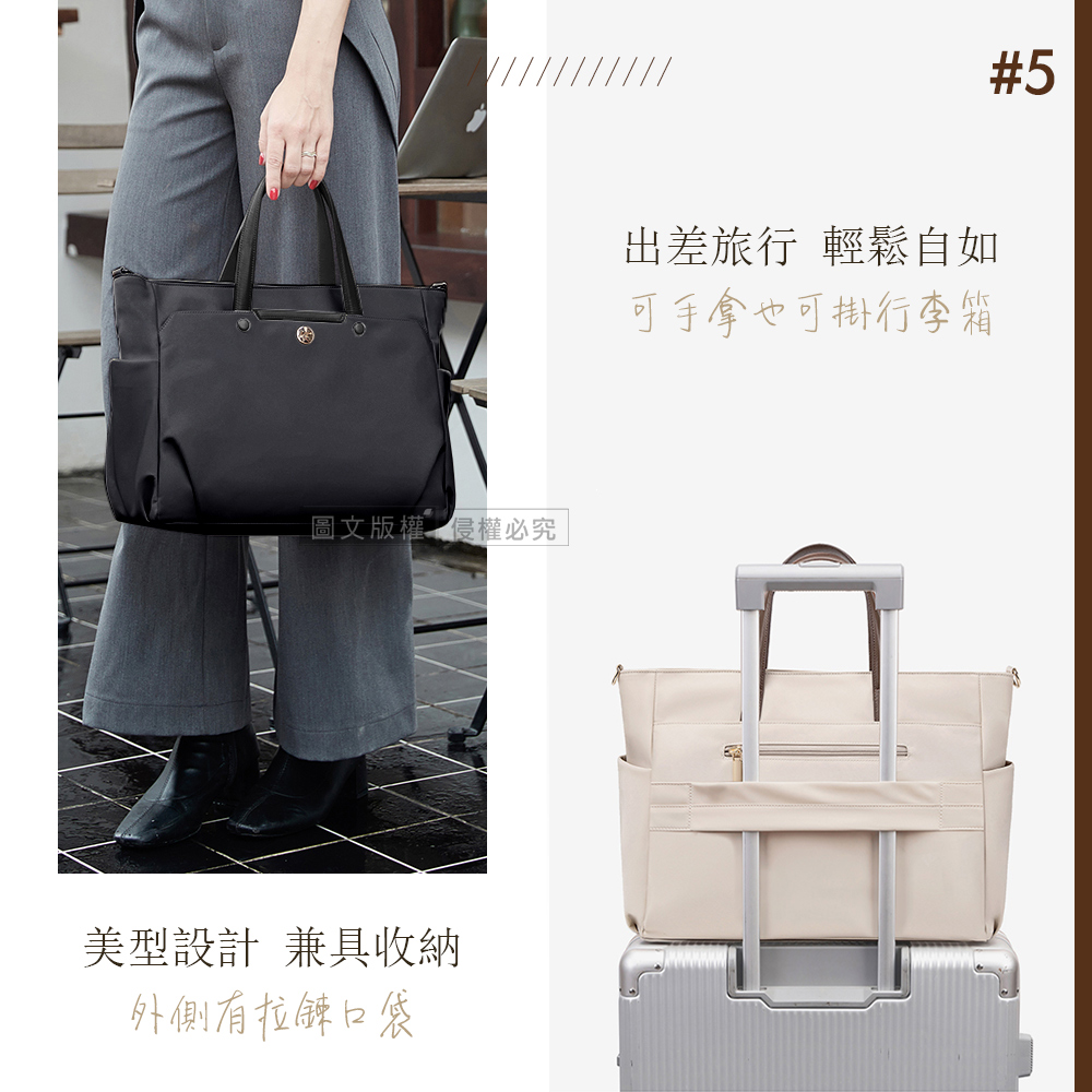圖文版權侵權必究 美型設計 兼具收納 外側有拉鍊口袋 出差旅行 輕鬆自如 可手掌可掛行李箱 