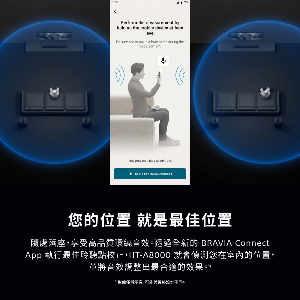 您的位置 就是最佳位置 隨處落座,享受高品質環繞音效。透過全新的 BRAVIA Connect App 執行最佳聆聽點校正,HTA8000 就會偵測您在室內的位置, 並將音效調整出最合適的效果。5 5 影像僅供示意,可能與最終設計不同。 