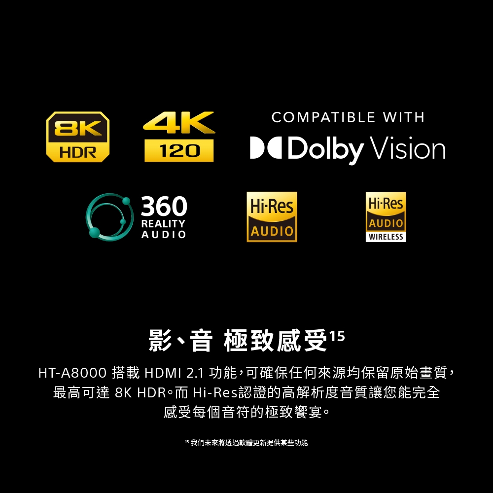 影、音 極致感受 15 HTA8000 搭載 HDMI 2.1 功能,可確保任何來源均保留原始畫質, 最高可達 8K HDR。而 HiRes認證的高解析度音質讓您能完全 感受每個音符的極致饗宴。 15 我們未來將透過軟體更新提供某些功能 