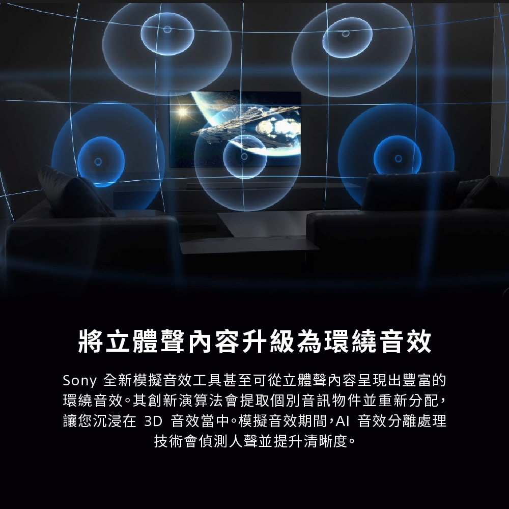 將立體聲內容升級為環繞音效 Sony 全新模擬音效工具甚至可從立體聲內容呈現出豐富的 環繞音效。其創新演算法會提取個別音訊物件並重新分配, 讓您沉浸在 3D 音效當中。模擬音效期間,AI 音效分離處理 技術會偵測人聲並提升清晰度。 