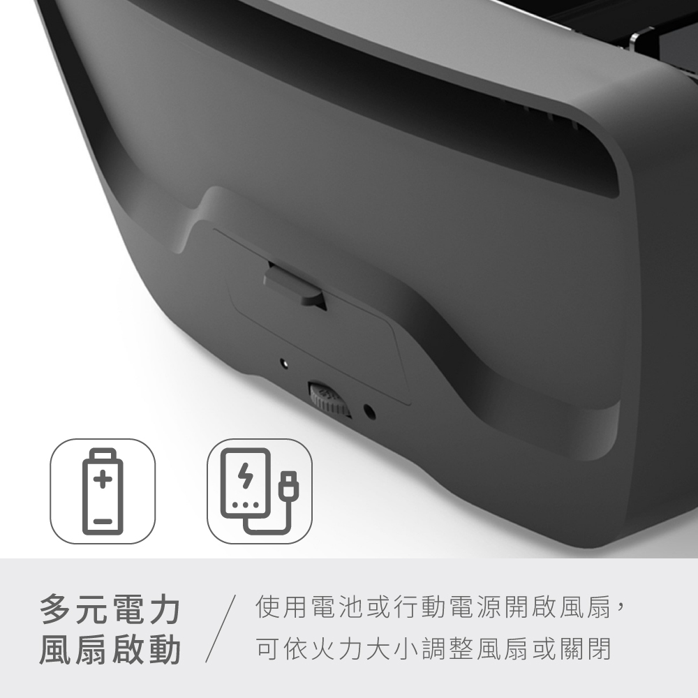 ... 多元電力 風扇啟動 使用電池或行動電源開啟風扇, 可依火力大小調整風扇或關閉 