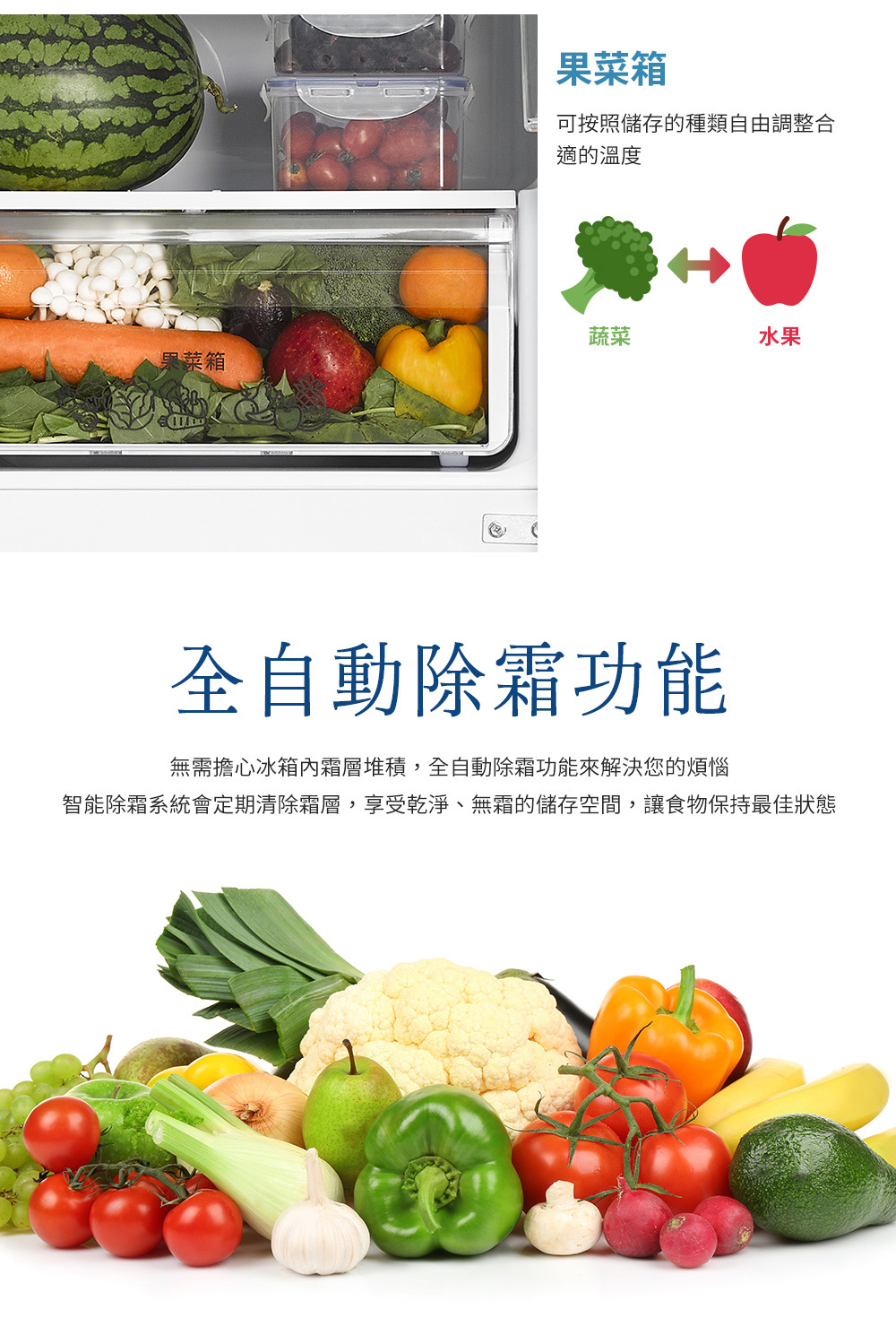 智能除霜系統會定期清除霜層,享受乾淨、無霜的儲存空間,讓食物保持最佳狀態