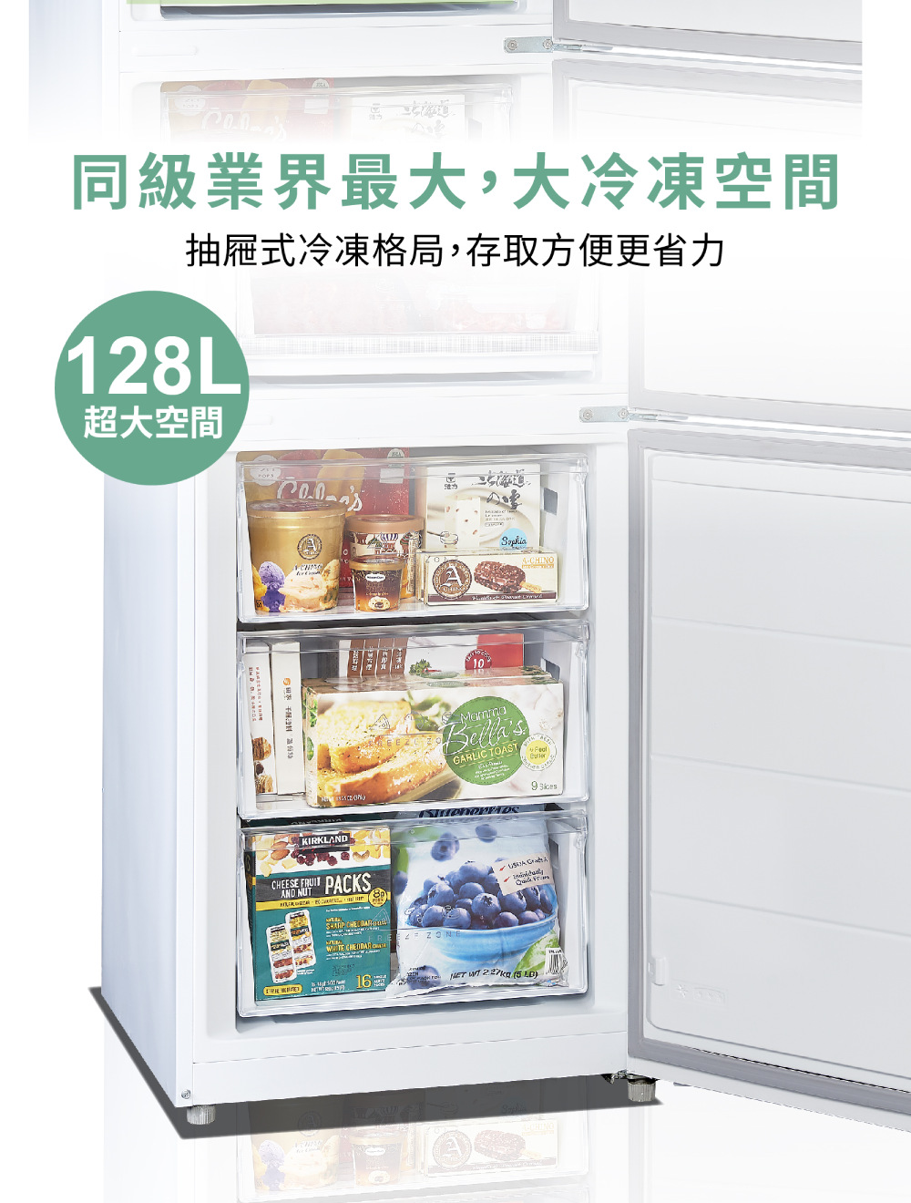 同級業界最大,大冷凍空間 抽屜式冷凍格局,存取方便更省力 超大空間 