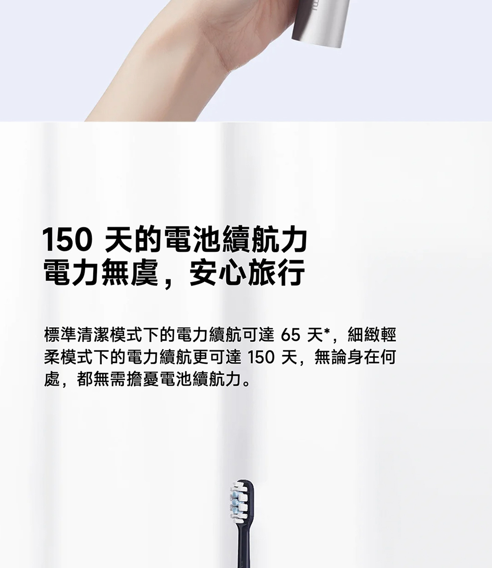 150 天的電池續航力 電力無虞,安心旅行 標準清潔模式下的電力續航可達65天,細緻輕 柔模式下的電力續航更可達 150天,無論身在何 處,都無需擔憂電池續航力。 