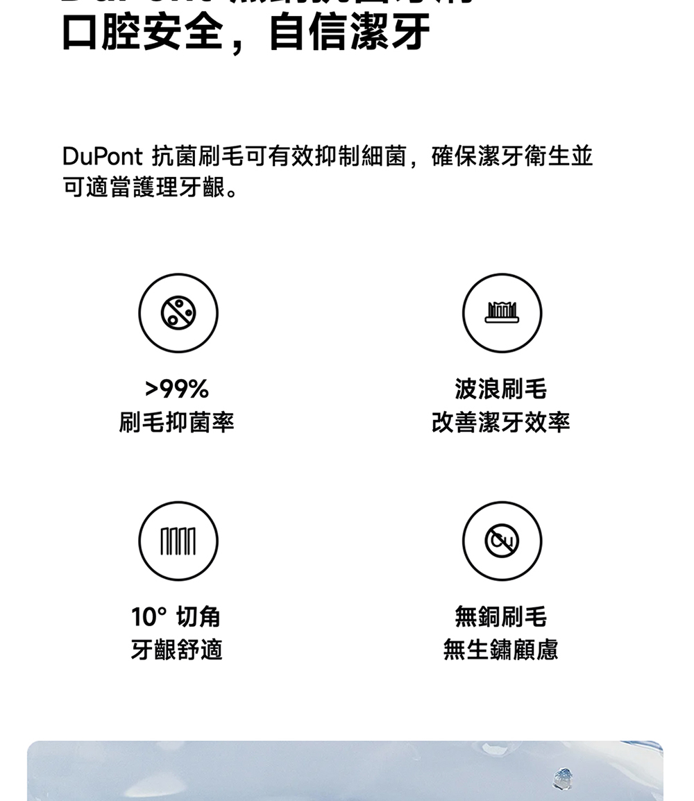 DuPont 抗菌刷毛可有效抑制細菌,確保潔牙衛生並