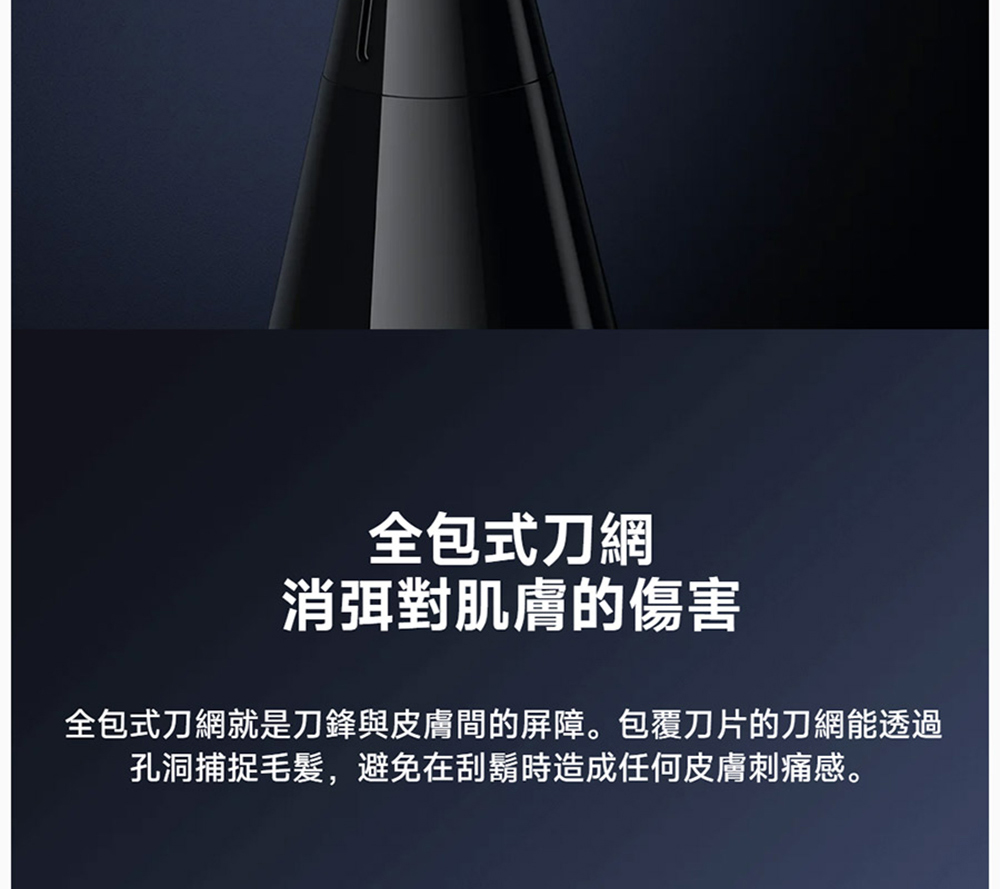全包式刀網 消弭對肌膚的傷害 全包式刀網就是刀鋒與皮膚間的屏障。包覆刀片的刀網能透過 孔洞捕捉毛髮,避免在刮鬍時造成任何皮膚刺痛感。 