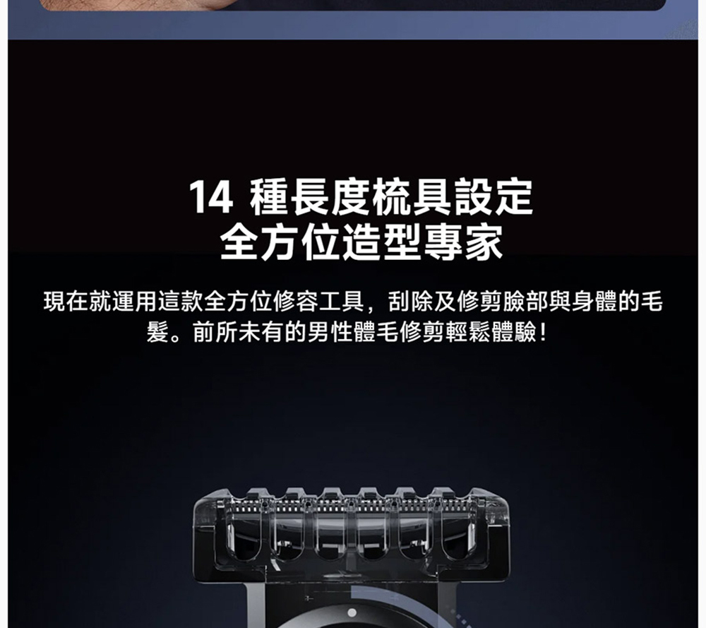 14 種長度梳具設定 全方位造型專家 現在就運用這款全方位修容工具,刮除及修剪臉部與身體的毛 髮。前所未有的男性體毛修剪輕鬆體驗 