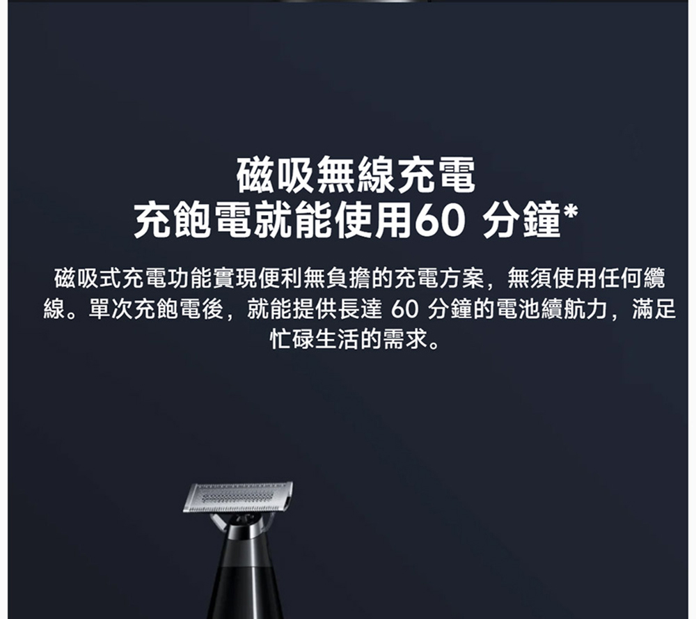 磁吸無線充電 充飽電就能使用60分鐘 磁吸式充電功能實現便利無負擔的充電方案,無須使用任何纜 線。單次充飽電後,就能提供長達60分鐘的電池續航力,滿足 忙碌生活的需求。 