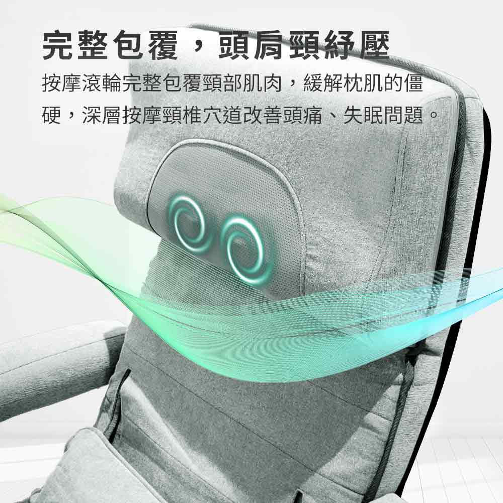 完整包覆,頭肩頸紓壓 按摩滾輪完整包覆頸部肌肉,緩解枕肌的僵 硬,深層按摩頸椎穴道改善頭痛、失眠問題。 