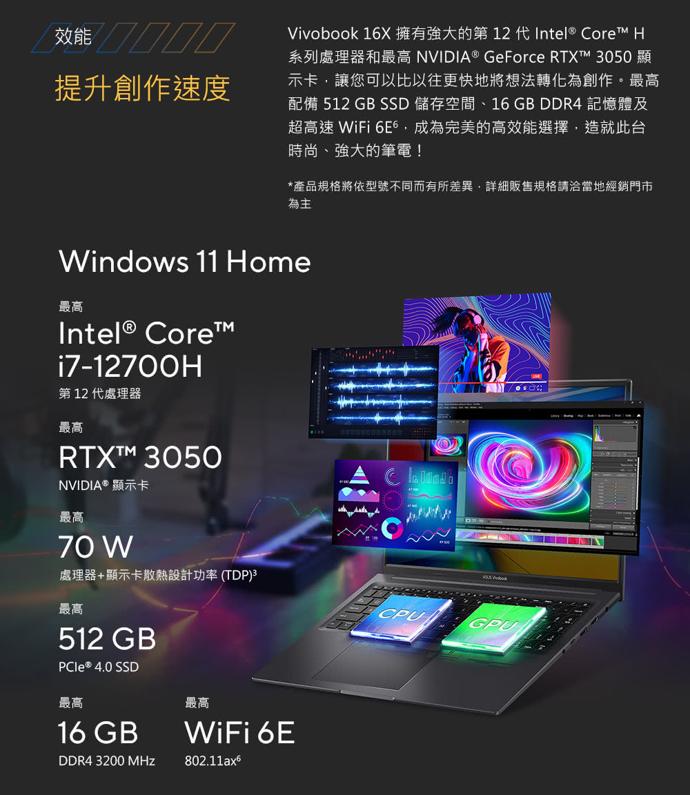 Vivobook 16X 擁有強大的第 12 代Intel Core H