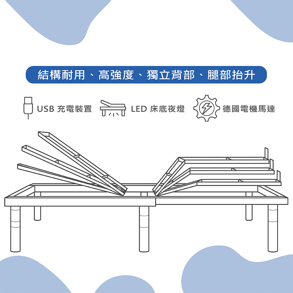 結構耐用、高強度、獨立背部、腿部抬升 USB 充電裝置 LED 床底夜燈 3 德國電機馬達