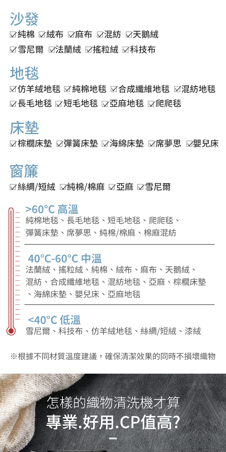 根據不同材質溫度建議,確保清潔效果的同時不損壞織物