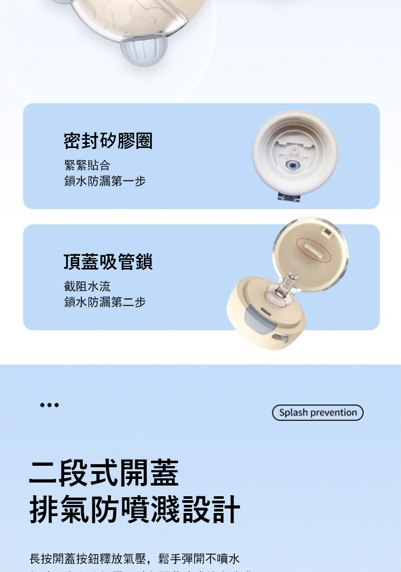 長按開蓋按鈕釋放氣壓,鬆手彈開不噴水