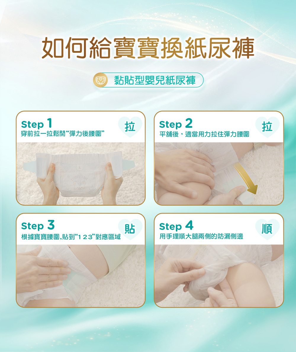 根據寶寶腰圍,貼到123對應區域